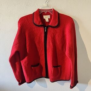 Vintage Tally Ho Womens 100% Wool Cardigan Sweater Size XL Red Black Zip